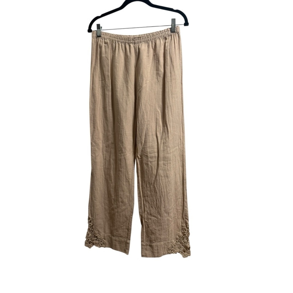 Soft Surroundings Linen Blend Wide Leg Pants Beige Cropped Embroidered Hem Small